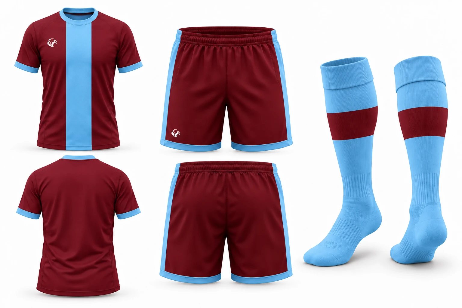 Heritage Maroon / Sky full kit — approved design reference